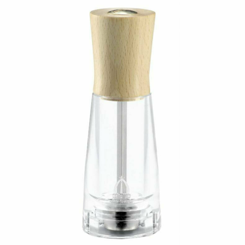 Omcan 43669 10-Inch Classic Wooden Restaurant Pepper Grinder Mill, clear acrylic body with wooden top, commercial pepper mill