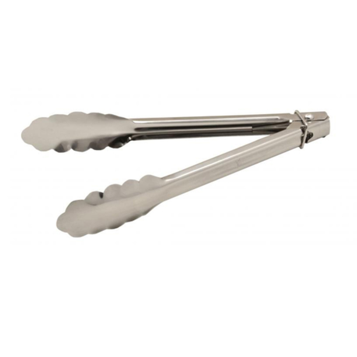 Omcan 13957 Heavy-Duty Stainless Steel Utility Tongs 12-Inch Length stainless steel kitchen utility tongs with scalloped grip tips