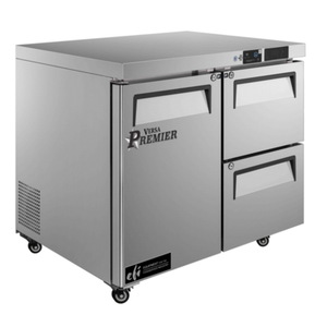 36 Inch Undercounter Refrigerator With Drawers Featuring A Stainless Steel Exterior And Two Convenient Drawers.