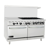 60 Inch Gas Range With Griddle Featuring Six Burners And Double Ovens In Stainless Steel Design