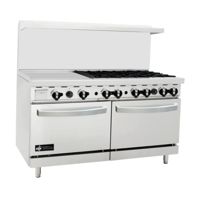 60 Inch Gas Range With Griddle Featuring Six Burners And Double Ovens In Stainless Steel Design