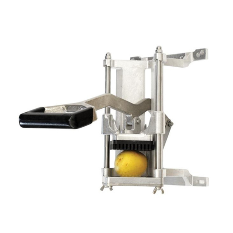 High-Efficiency Omcan 41858 Cast Iron French Fry Cutter With Potato Ready For Slicing In A Commercial Kitchen