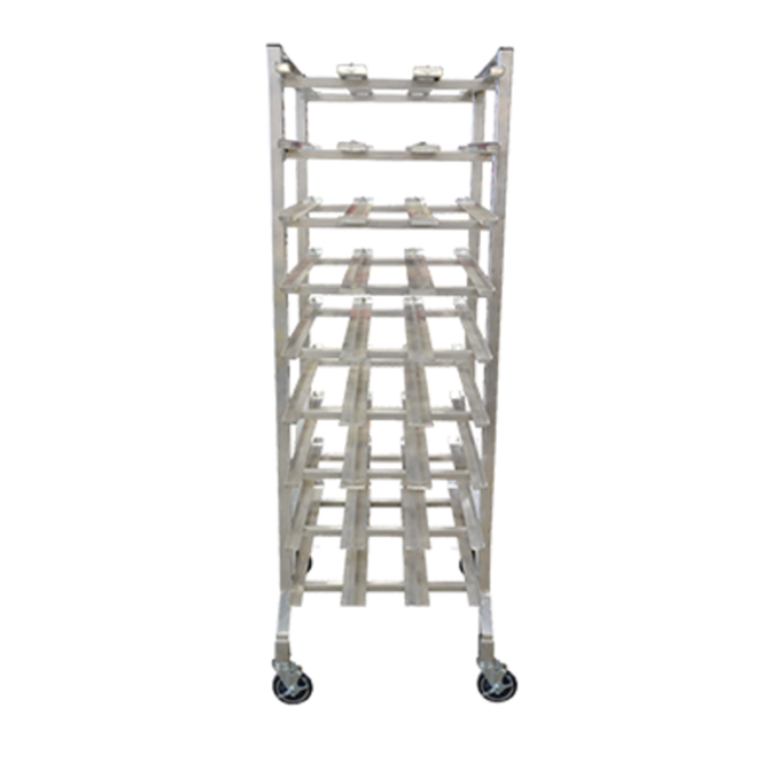 Alt Tag: Omcan Full-Height Mobile Aluminum Can Rack with 162 Can Capacity full-height aluminum can storage rack on casters, front view