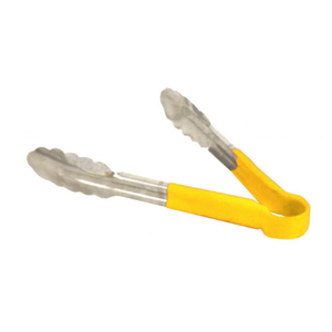 Alt Tag: Omcan 80542 9.5-inch Stainless Steel Utility Serving Tongs Buffet Tool with yellow handle grip, scalloped tips