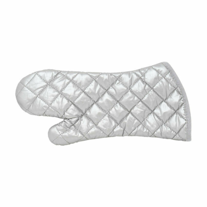 Alt Tag: Omcan SKU 46342 13-inch Heat-Resistant Nomex Terrycloth Oven Mitt, silver quilted heat-resistant oven mitt