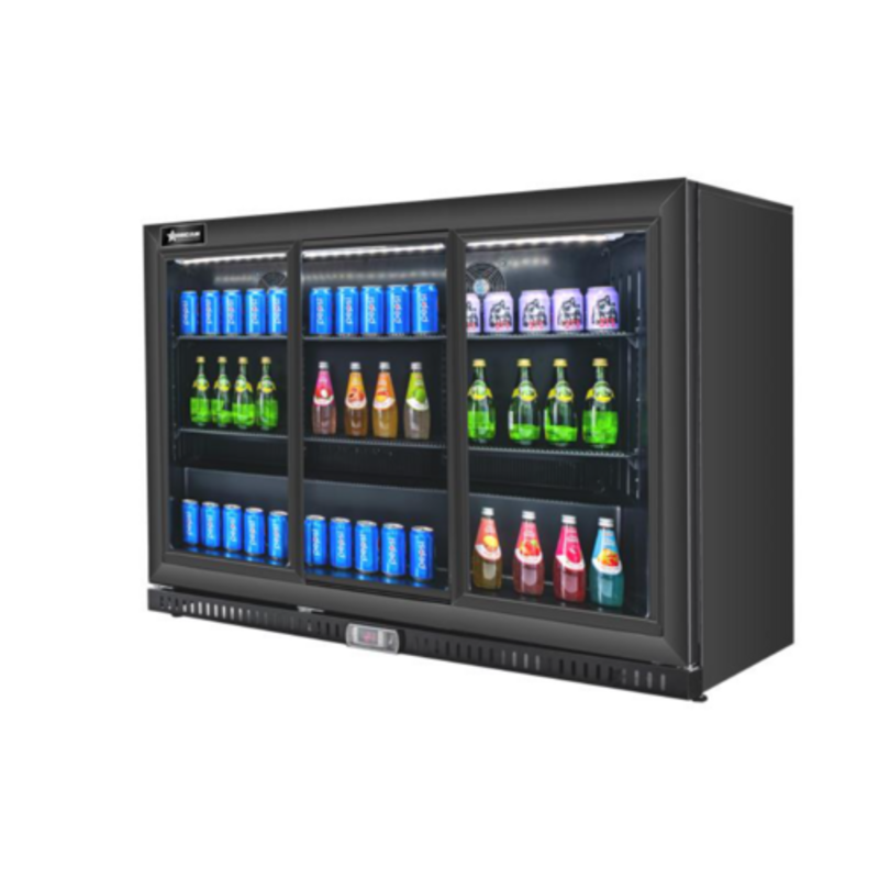 Back Bar Beverage Cooler With Sliding Doors Displaying Chilled Bottled And Canned Beverages For Fast Service