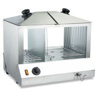 Étiquette alternative : OMCAN 43216 Distributeur à hot-dogs avec capacité de 100 hot-dogs. Vaporisateur à hot-dogs en acier inoxydable et chauffe-pain avec deux compartiments