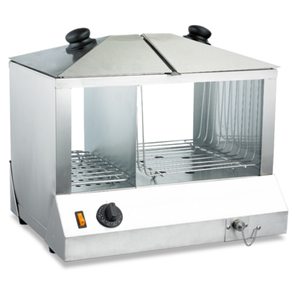 Étiquette alternative : OMCAN 43216 Distributeur à hot-dogs avec capacité de 100 hot-dogs. Vaporisateur à hot-dogs en acier inoxydable et chauffe-pain avec deux compartiments