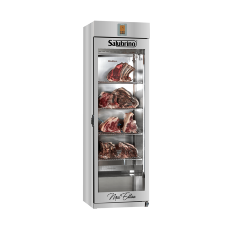 SalubriNo Meat Curing And Dry Aging Cabinet Displaying Various Cuts Of Meat Inside