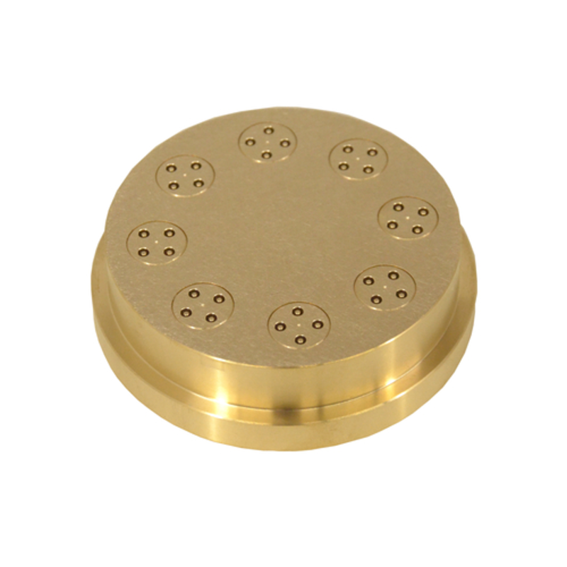 Alt Tag: Omcan 13259 Bronze Pasta Die for 3mm N.59 Bucatini Pasta, round bronze die plate with bucatini extrusion holes