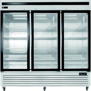 EFI C3-82GDSVC Three-Section Glass Door Merchandiser Refrigerator With Black Trim And Interior Shelves