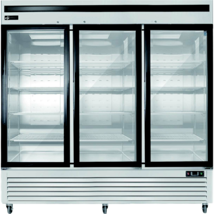 EFI C3-82GDSVC Three-Section Glass Door Merchandiser Refrigerator With Black Trim And Interior Shelves