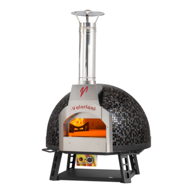 Alt Tag: Valoriani 48137 2-Pizza Capacity Wood Gas Fired Mosaic Oven with black mosaic dome and chimney, front view