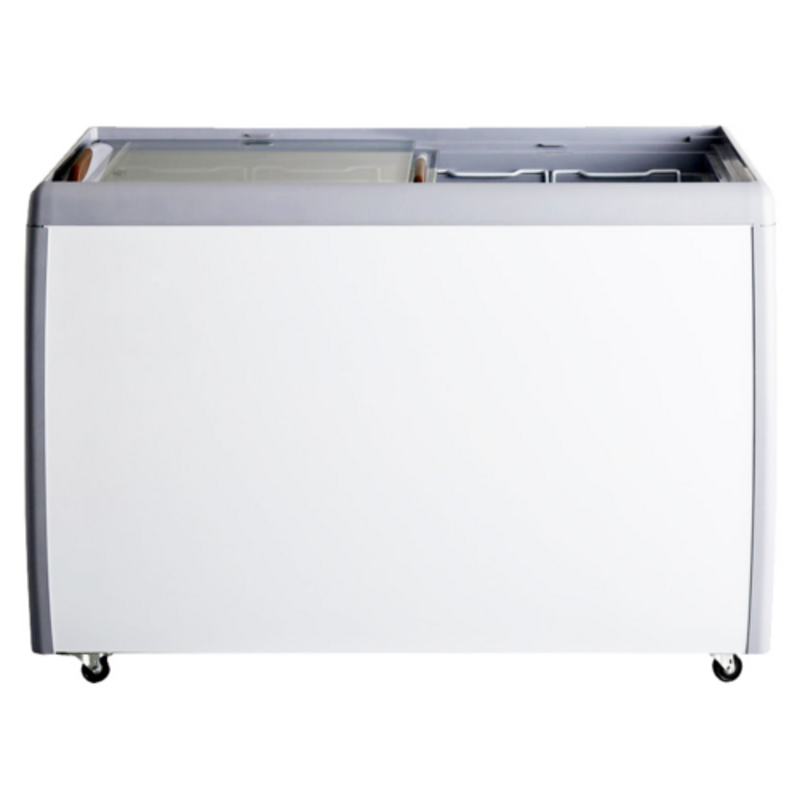 Glass Top Commercial Display Freezer With A Clean, Modern Design For Retail Use And Easy Product Access.