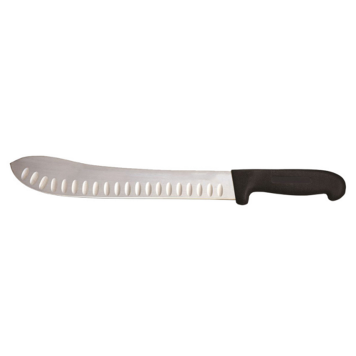 Omcan 12507 Butcher Knife with a 10-Inch German Steel Blade, granton edge butcher knife with black handle