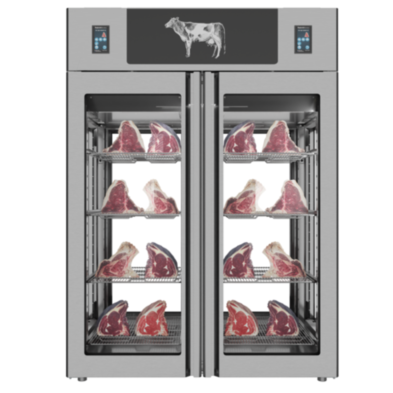 Stagionello 48048 57.6-inch Two Door Glass Dry Aging Cabinet With Displayed Cuts Of Meat.