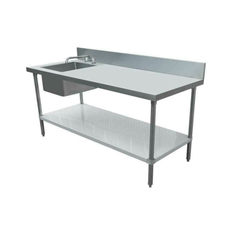 Stainless Steel Work Table With Sink Featuring A Spacious Surface And Undershelf For Efficient Food Preparation.