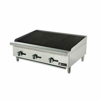 36 Inch Gas Lava Rock Charbroiler With Stainless Steel Construction And Three Control Knobs On A Commercial Kitchen Countertop