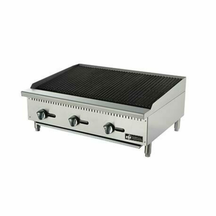 36 Inch Gas Lava Rock Charbroiler With Stainless Steel Construction And Three Control Knobs On A Commercial Kitchen Countertop