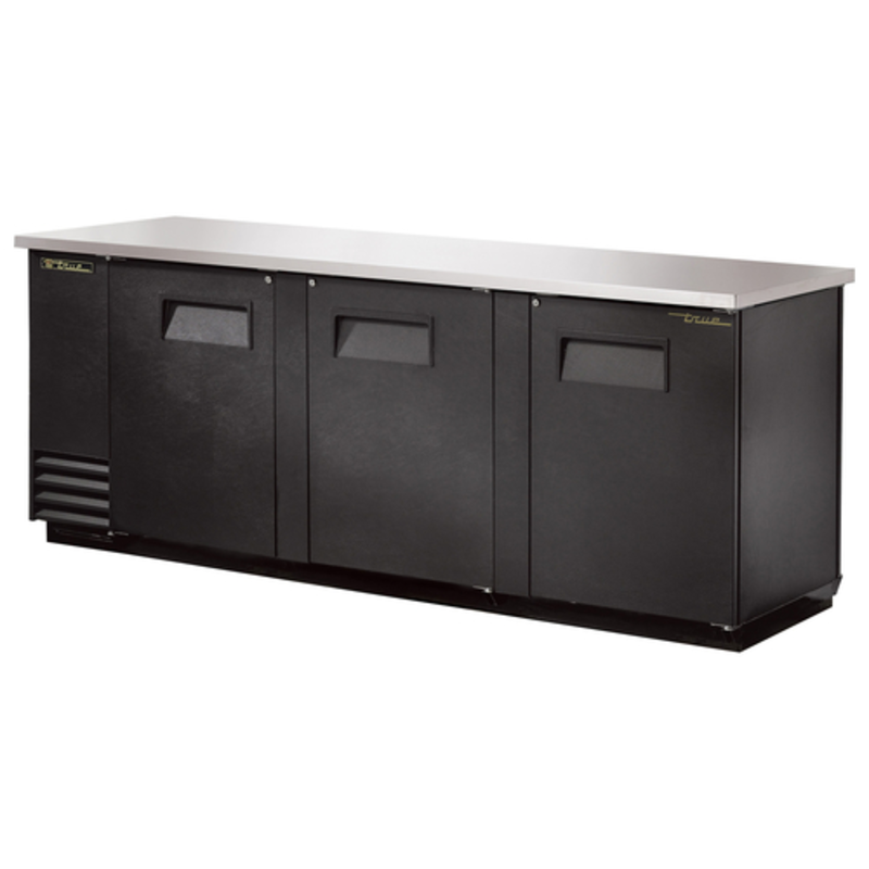 True TBB-4PT 90.38 Inch Refrigerated Pass-Thru Back Bar Cooler With Stainless Steel Top And Three Accessible Doors.