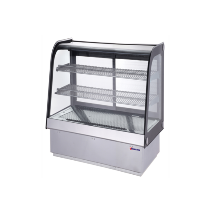 OMCAN 47560 28" Wide Countertop Refrigerated Deli Display Case curved glass deli showcase with stainless steel base and 2 shelves