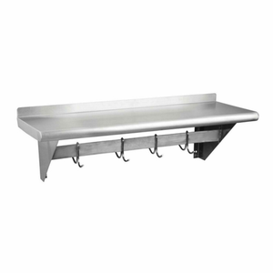 Wall Mounted Overshelf With Pot Rack Featuring Stainless Steel Construction And Hooks For Utensils