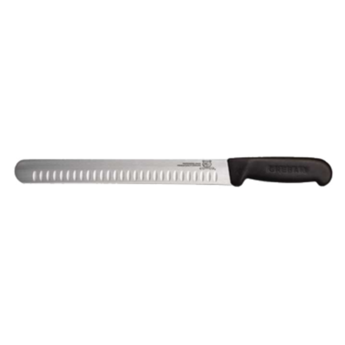 Alt Tag: Omcan 12713 1.5 Inch Wide Granton Edge Straight Slicing Knife 12-inch straight slicer with Granton edge and black handle
