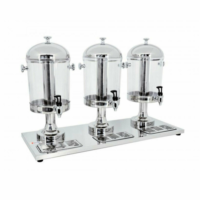 OMCAN 19480 24-Quart Triple Ice Cooled Juice Beverage Dispenser with three clear canisters, chrome base, spigots for self-serve drinks