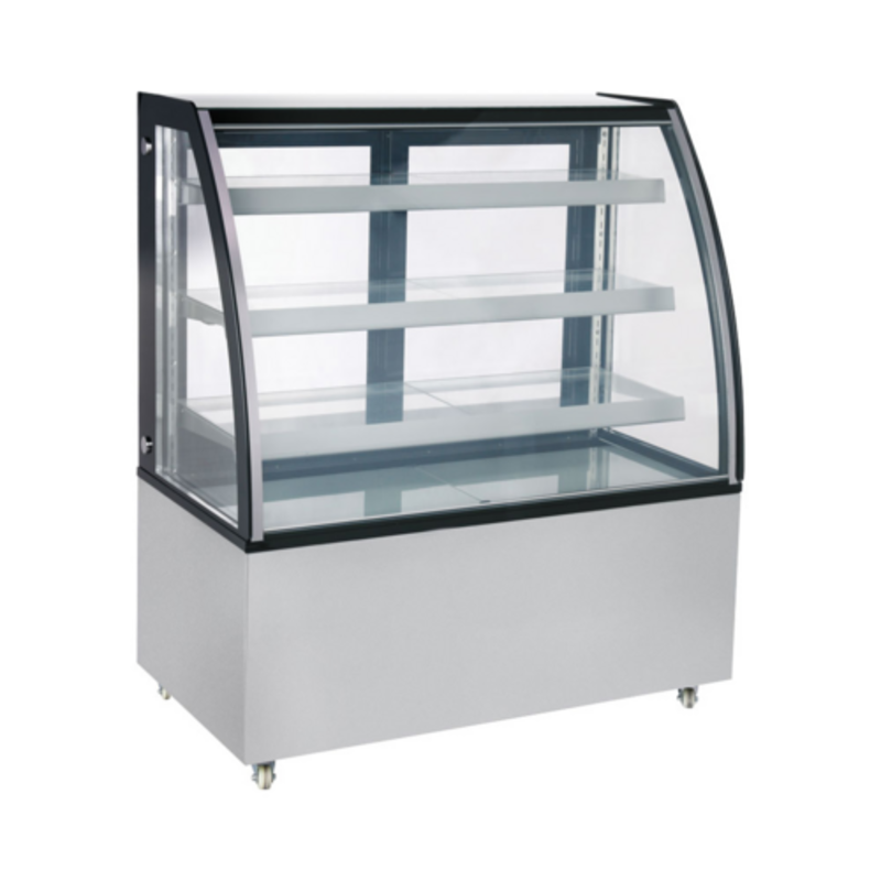Curved Glass Bakery Display Case With Curved Glass Front And Multiple Shelves For Pastries And Desserts