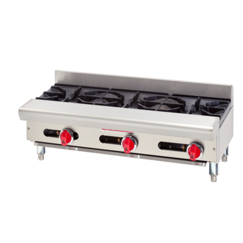 36 Inch Countertop Gas Hotplate With Three Burners And Stainless Steel Design For Commercial Use