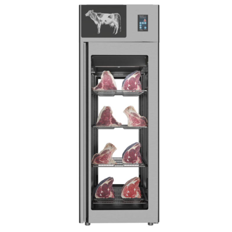 Stagionello 48039 Meat Curing And Dry Aging Cabinet Displaying Various Cuts Of Meat For Precise Dry Aging.