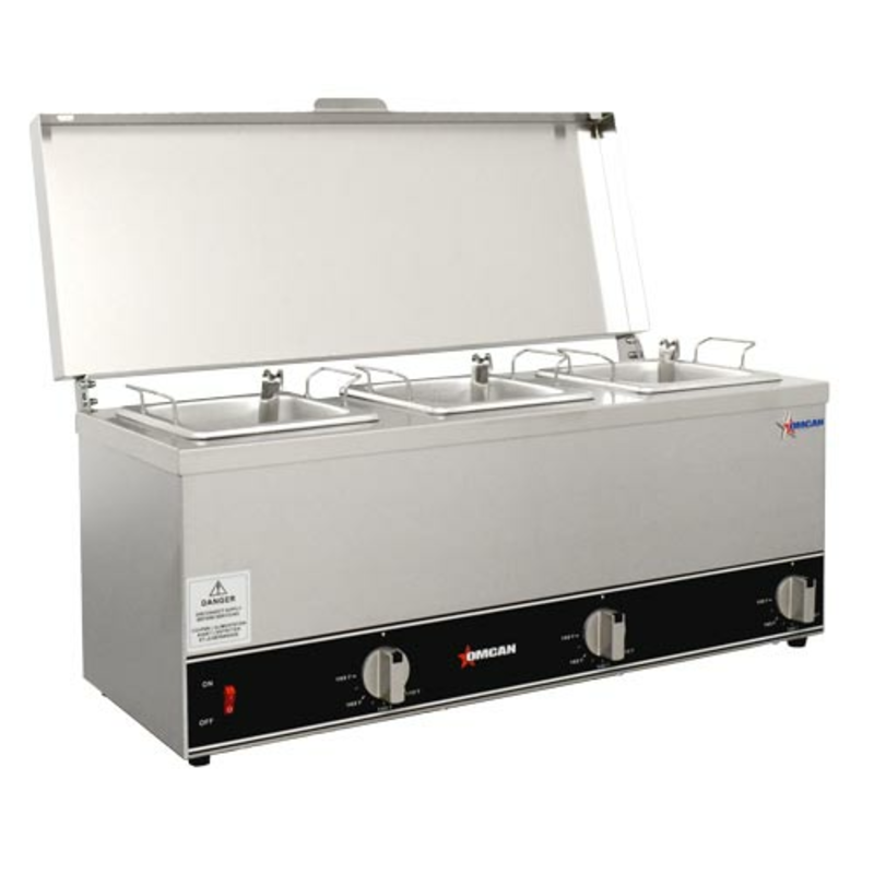 Alt Tag: OMCAN 44183 7.9 Qt. Triple Sauce Pot Food Topping Warmer stainless steel countertop triple pot sauce warmer with lid open