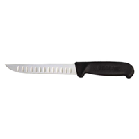 Alt Tag: Omcan 11824 6-inch Straight Blade Granton Edge Boning Knife with black handle and straight Granton edge blade, side view