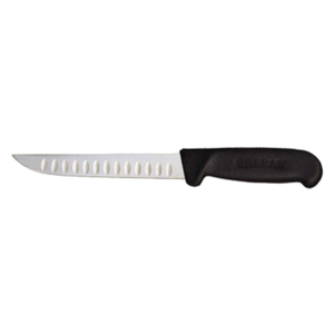 Alt Tag: Omcan 11824 6-inch Straight Blade Granton Edge Boning Knife with black handle and straight Granton edge blade, side view