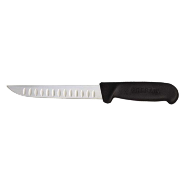 Alt Tag: Omcan 11824 6-inch Straight Blade Granton Edge Boning Knife with black handle and straight Granton edge blade, side view