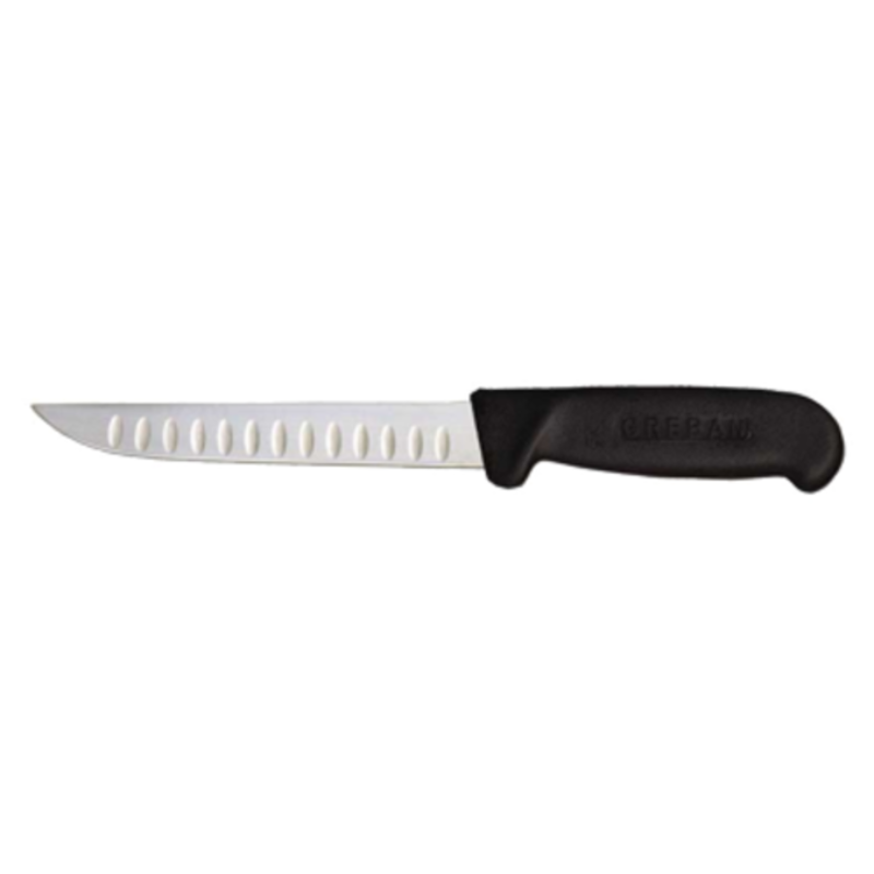 Alt Tag: Omcan 11824 6-inch Straight Blade Granton Edge Boning Knife with black handle and straight Granton edge blade, side view