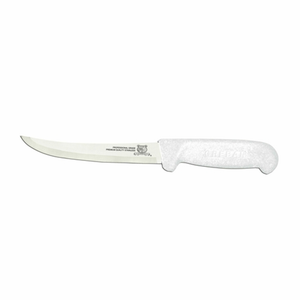 Omcan 11801 6-Inch Curved Blade Professional Skinning Boning Knife with white ergonomic handle, side view on white background