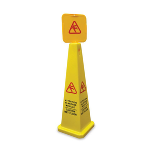 Alt Tag: Omcan 24417 Yellow A-Frame Bilingual Wet Floor Safety Sign bright yellow caution sign for wet floor hazard in commercial areas