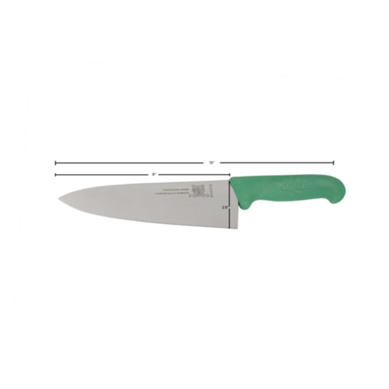 10-Inch German Steel Chef's Knife With Green Handle And Precise Dimensions