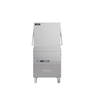 Kromo Upright Heavy Duty Hoodtype Dishwasher 44.4 qt Capacity front view commercial hood-type dishwasher stainless steel