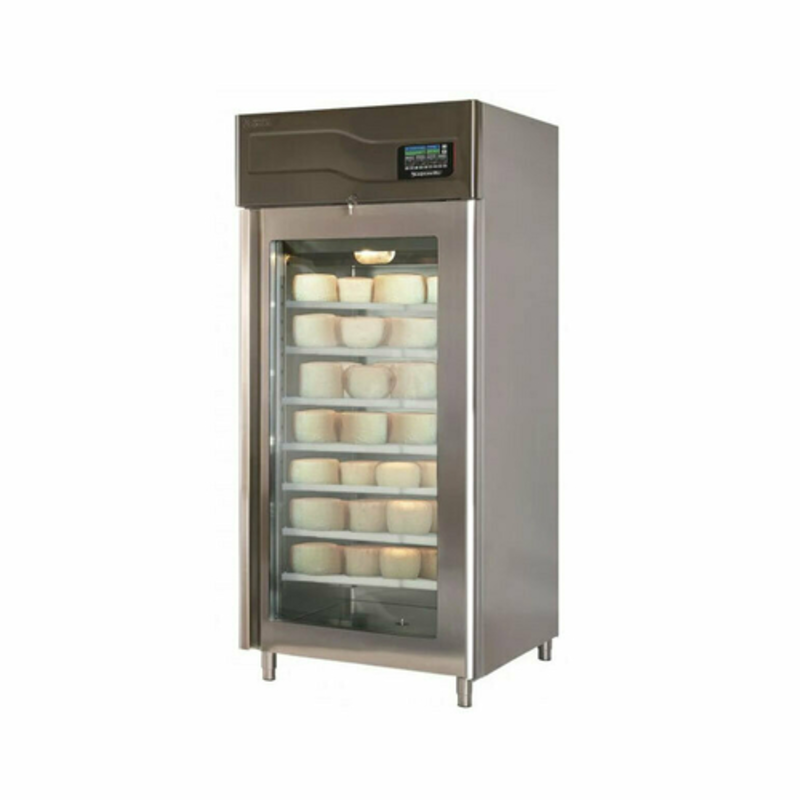 Alt Tag: OMCAN 45516 Affinacheese Stainless Steel Cheese Cabinet 330 lbs. Capacity with glass door drying cabinet and cheese wheels