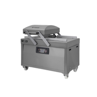 Alt Tag: Turbovac 59135 Double Chamber Floor Model Vacuum Packaging Sealer stainless steel floor vacuum sealer with dual chambers and wheeled base