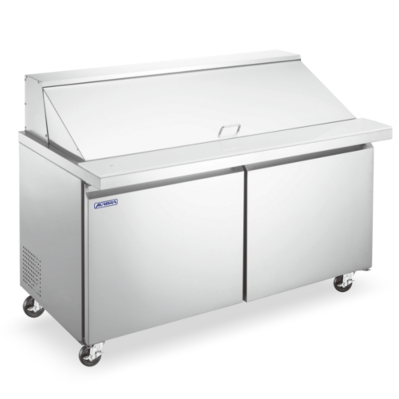 Omcan 59047 Aurora 60" Wide Refrigerated Sandwich Salad Prep Table stainless steel commercial prep table with refrigerated base and hinged lid
