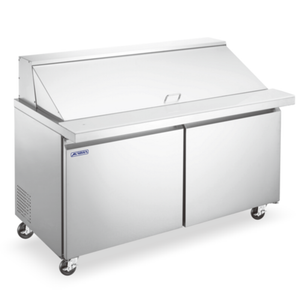 Omcan 59047 Aurora 60" Wide Refrigerated Sandwich Salad Prep Table stainless steel commercial prep table with refrigerated base and hinged lid