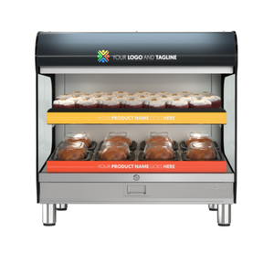 Heated Shelf Display Merchandiser Showing Freshly Cooked Food Items In A Self-Service Case