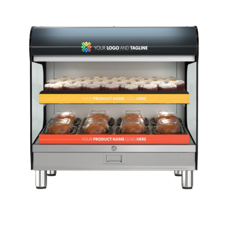 Heated Shelf Display Merchandiser Showing Freshly Cooked Food Items In A Self-Service Case