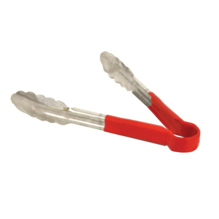 Alt Tag: Omcan 80541 Stainless Steel Utility Tongs for Food Service with red handles for commercial kitchen serving
