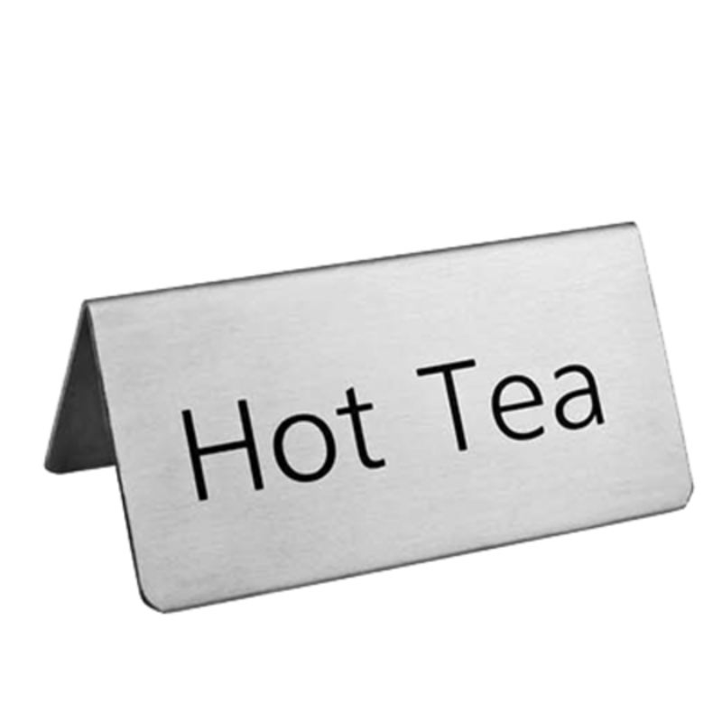 Omcan 80137 Acrylic Tabletop Tent Card Display Holder for 4.25" x 2" Graphics holding tabletop tent sign reading Hot Tea