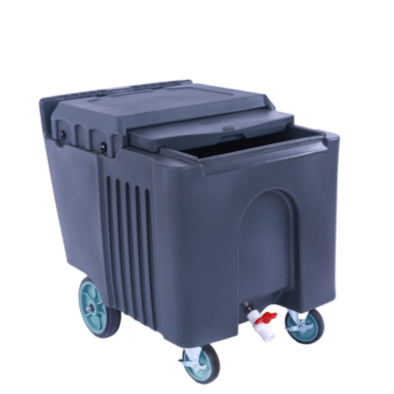 Alt Tag: Omcan 80585 Mobile Insulated Ice Caddy with 125 lb Capacity mobile ice bin with lid, drain spout, and caster wheels