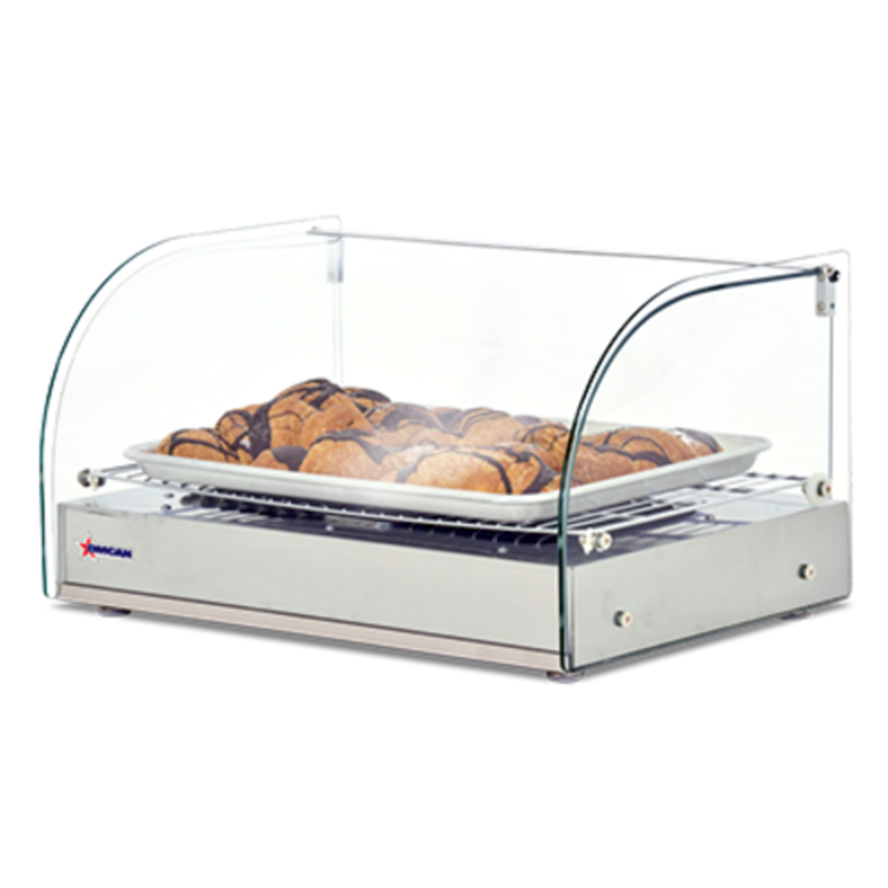 Omcan 41868 25 Liter Countertop Hot Food Display Warmer Case glass display warmer with pastries on tray